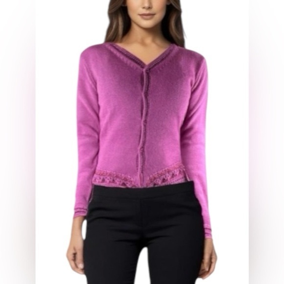 MASTINA Cardigan Wool Blend knitted Fuchsia Crochet Detail Sweater - Picture 14 of 14